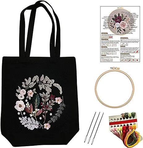 Zasjon Kit de Bordado de Lienzo Negro con Patrón de Flores, Bolsa de Bordado DIY Embroidery Kit con Aros de Bordado, Kit Bordado Punto de Cruz Manualidades Adultos Set  