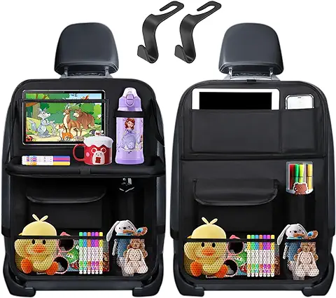 Zawaer Organizador Coche, 1PCS Protector de Asiento Coche Niños Kick Mats con Comedor Poseedor Bandeja, Múltiples Bolsillo Impermeable Organizador con Bolsa Transparente para iPad Tablet, con Gancho  