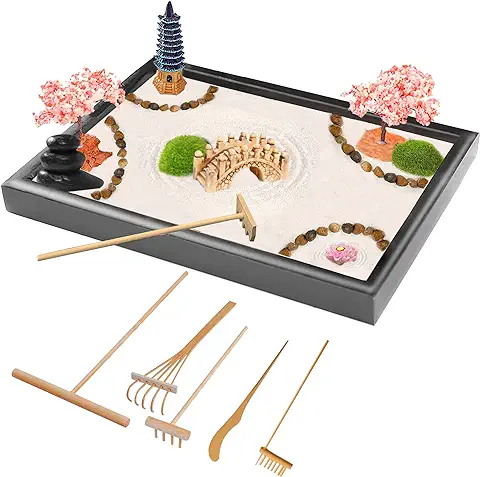 Zen Garden Kit de Alivio del Estrés 28 x 20 cm Juego de Regalo de Meditación Japonesa para Decoración de la Oficina en casa Accesorios de Meditación Bonito Paquete de Regalos Japoneses para Mujeres  