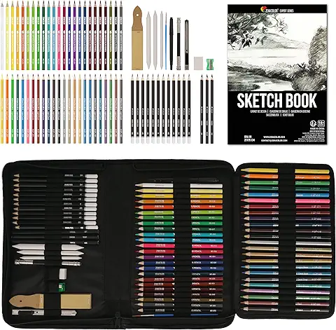 Zenacolor, Kit Dibujo, Maletín de Dibujo con 24 Lápices de Acuarela, 12 Lápices de Colores, 12 Lápices Metálicos, 12 Lápiz Papel y Un Cuaderno para Dibujar - 74 Piezas  