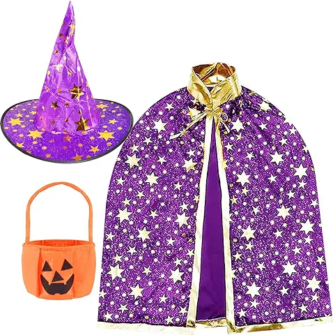 ZeYou Halloween Capa de Bruja con Sombrero,Halloween Bolsa de Caramelos,Disfraz de Halloween,Abrigo de Mago con Accesorios,Fiesta de Cosplay de Halloween para Niños y Niñas(Negro)  