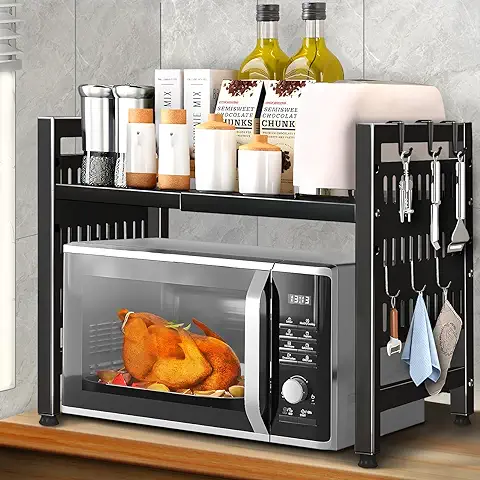 ZLPBAO Soporte Extensible para Microondas de 2 Niveles,Soporte para Microondas y Horno Cocina con 6 Ganchos, Organizador de Cocina Ajustable Estanteria para Microondas, Mueble Extensible Microondas  