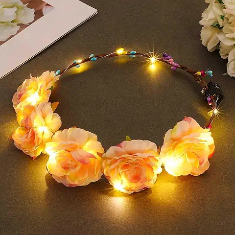 Zoestar Diademas de Corona de Flores con Luces LED, Corona de Pelo, Diadema de Novia, Tocado Floral para Festivales, Accesorios para el Cabello para Mujeres y Niñas  