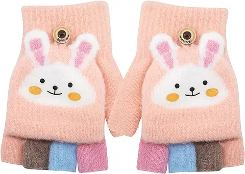 Zolunu Guantes para Niños sin Dedos Invierno Cálido Convertible Flip Top Guantes Suave Forro de Punto y Elástico Cute Cartoon para Niños Niño Niñas 7-10 Años  