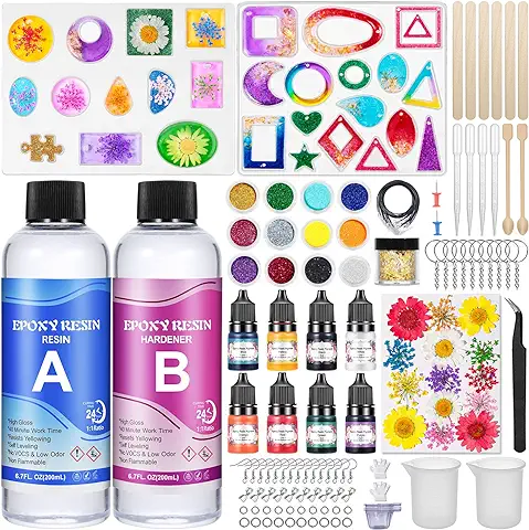 ZOPALY Kit de Resina Epoxi- 400ml Transparente para Principiantes, Kit Completo con Moldes, Pigmentos, Flores Secas, Relación de 1: 1 para Manualidades, Fabricación de Joyas  