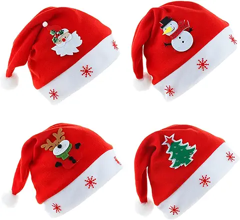 Zuzer 4 Piezas Gorros de Navidad Sombreros de Navidad Sombrero Rojo de Santa Gorro de Papá Noel Papa Noel Sombrero para Adultos y Niños  