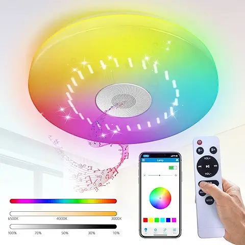 ZXICH Plafoniera LED 36W Dimmerabile con Altoparlante Bluetooth, Telecomando e Controllo app, Cambio Colore RGB Traslucido Bianco Caldo/bianco Freddo, IP44 per Camere da Letto, Bagno, Soggiorni Ø 30cm  