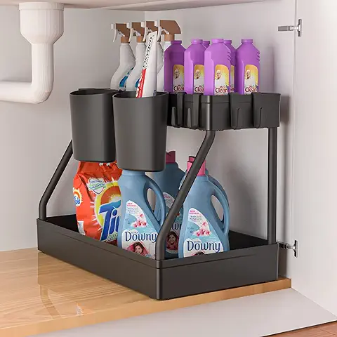 Zzolee - Organizador Bajo Fregadero 2 Niveles, Organizador Debajo Fregadero Cocina con 4 Ganchos y 2 Tazas Colgantes, Estante Almacenamiento Debajo Fregadero para Cocina, Baño, Armario, Mesa (style 2)  