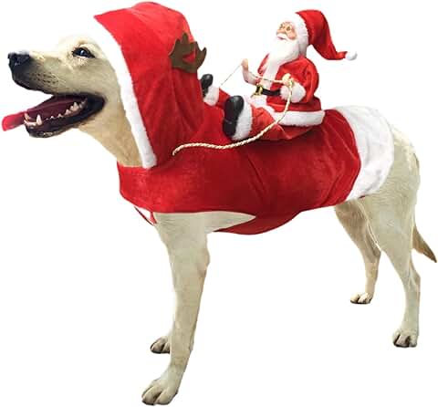 ZZQVIP Trajes para Perros Navidad, Papá Noel Montando Perro y Gato Mascota, Disfraz Rojo para Mascotas, Gorro de Papá Noel, Correa, Astas de Reno, Escote Ajustable(L)  