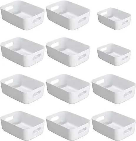 12 Cajas Almacenaje Plastico,Organizador Cajones,Cestas Almacenaje,Cajas Organizadoras de Plástico con Asas para Escritorio,Oficina,Cosmético,Baño,Juguetes (2 Tamaños) (Blanco)  