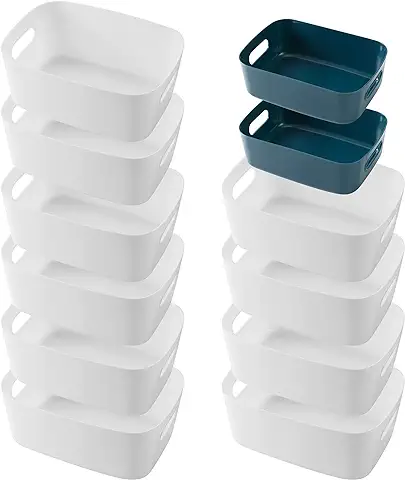 12 Cajas Almacenaje Plastico,Organizador Cajones,Cestas Almacenaje,Cajas Organizadoras de Plástico con Asas para Escritorio,Oficina,Cosmético,Baño,Juguetes (2 Tamaños) (blanco y Azul)  