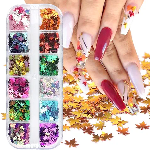 12 Colores de Hojas de Otoño para arte de Uñas, Lentejuelas Holográficas 3D, Forma de hoja de arce Metálica, Dorado, Rojo, Amarillo, Diseño de Uñas, Maquillaje, Suministros de Uñas, Decoraciones de  