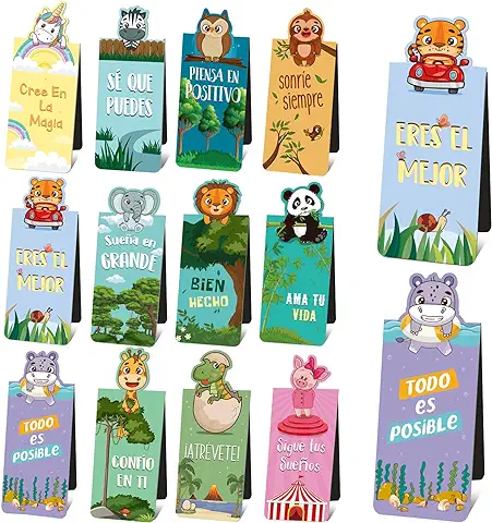 12pcs Marcapáginas Magnético en Español de Animales Motivadores Inspiradoras Marcadores de Libros Niños Cumpleaños Marcapáginas Infantiles Clip de Página para Suministros Niños Alumnos  