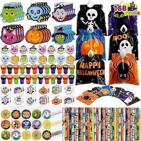 168 Pcs 24 Paquetes Set de Papelería Manualidades y Arte de Halloween, Regalo de Truco o Trato para Niños, Bolsa, Blocs de Botas, Sellos, Lápices, Pegatinas y Tatuajes Temporales  