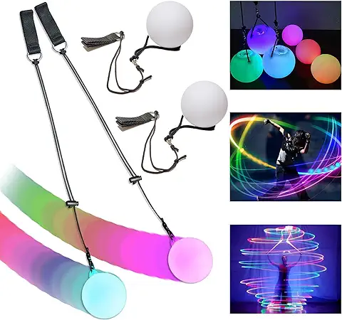 2 Bolas LED Poi, Bolas de Malabares LED POI Luminosas, Bolas de Malabares con Colores del arco iris y Efecto Estroboscópico, Juguete de Circo, Juego de Juguetes Spinning POI para Niños y Adultos  