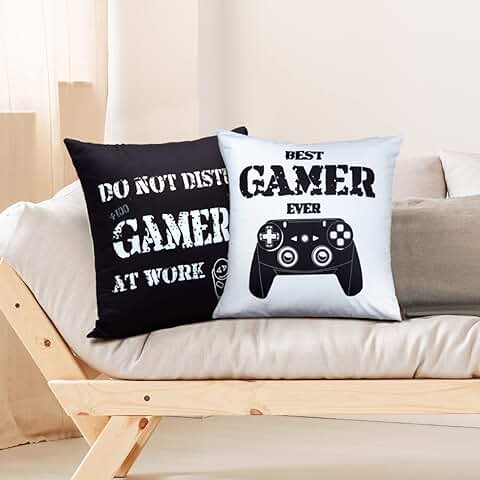 2 Fundas de Cojín de Juego Funda de Almohada de Jugador Funda de Almohada Divertida Negra y Blanca para Fanáticos de Juego Fiesta Temática de Videojuegos Decoración de Navidad (40 x 40 cm)  