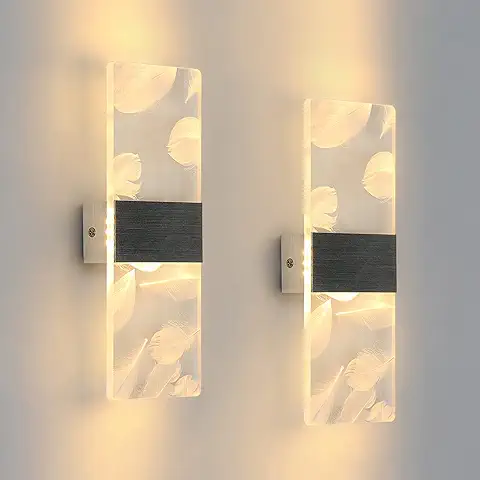 2 Pcs Lámpara de Pared Led 12W, 3000K Blanco Cálido Aplique de Pared Interior Moderno Acrílico Pluma, Aplique Pared Led Moderno para Dormitorio, Salón, Escalera, Pasillo  