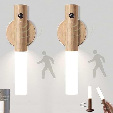 2 Piezas Armario Luz Nocturna LED Sensor de Movimiento Pilas Recargable USB Madera Aplique de Pared Interior con Interruptor Lámpara de Noche Sin Cable Magnetica Infantil Ninos Bebe Pasillo Escalera  