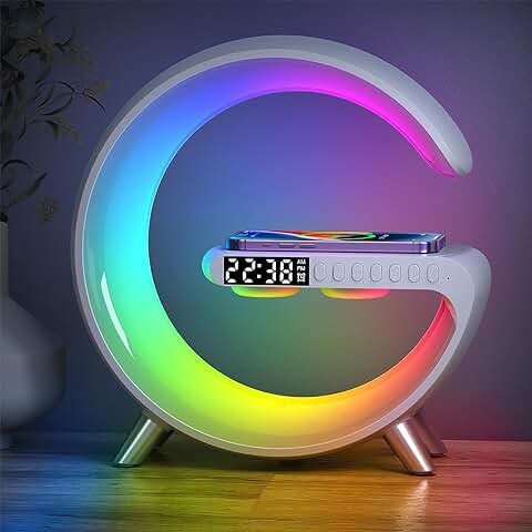 2024 Nueva Lámpara de Mesa LED Inteligente, Lámpara de Ambiente con Cargador Inalámbrico, Altavoz Bluetooth Lámpara de Luz Nocturna Regulable, Reloj Despertador con Sincronización de Música (Blanco)  