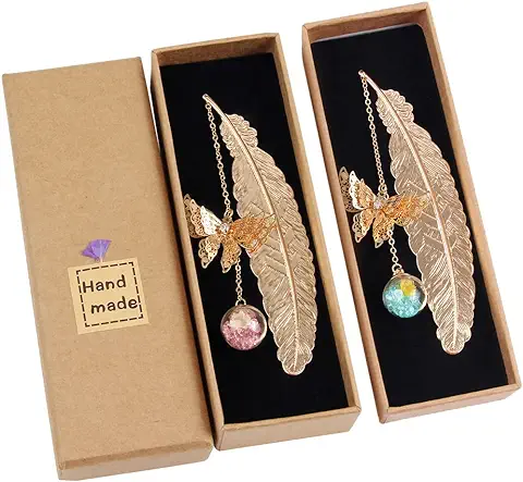 2PCS Marcapáginas de Plumas de Metal con Hermosos Mariposa 3D y Perlas de Vidrio Colgante de Flor Seca Eterna para Adultos, Niños y Estudiantes  