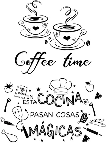 2pcs Pegatinas Pared Cocina Decorativas con Frases Españoles Vinilos Letras Stickers Adhesivos Comedor Cafetería Restaurante Habitación Coffee time En esta Cocina...  