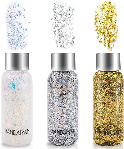 3 Botellas Purpurina Líquida para Maquillaje, Purpurina Cara Festival Gel, Body Glitter Gel, Purpurina Brillante para Cosméticos, Pelo, Labios, Uñas, Fiesta (Blanco/Oro/Plata)  