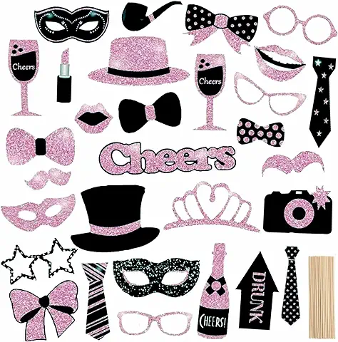 30 Piezas Foto Props de Fiesta Accesorios Probuk Rosa DIY Photo Booth Props Accesorios Mixta Sombreros Bigotes Gafas Labios Coronas Photocall Atrezzo Favorecer para Fiesta Cumpleaños Boda Mascarada  