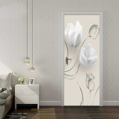 3D Etiqueta de Puerta Flor Blanca Minimalista Moderna 77x200cm Adhesivo Pegatina Vinilos Decorativos para Puerta Pared Cocina Sala de Baño Mural Removible Autoadhesivo Impermeable  