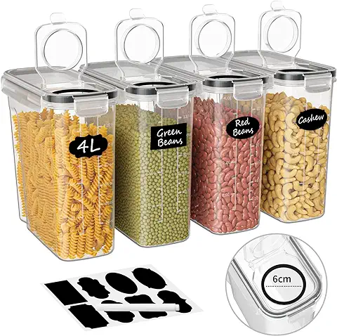 4L Botes Cocina Almacenaje 4 Piezas, Recipientes para Alimentos de Plástico, Hermeticos Contenedores Cocina para Cereales Pasta Granos Arroz Harina  