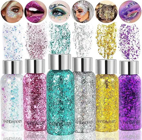 6 Botella Purpurina Gel - Purpurina Líquida para Maquillaje - Body Glitter Gel - Glitter Make Up con 6 Cucharas para Cabello Uñas Cosméticos Fiesta Festival Brillo - Blanco/Rosa/Verde/Plata/Oro/Morado  