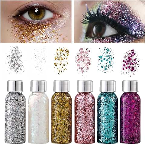 6 Botellas Purpurina Cara，6 Colores Diferentes Glitter Maquillaje，Purpurina Cara Festival，Para Cabello, Ojos, Clavícula, Rostro y Maquillaje Festivo con Purpurina de Larga Duración  