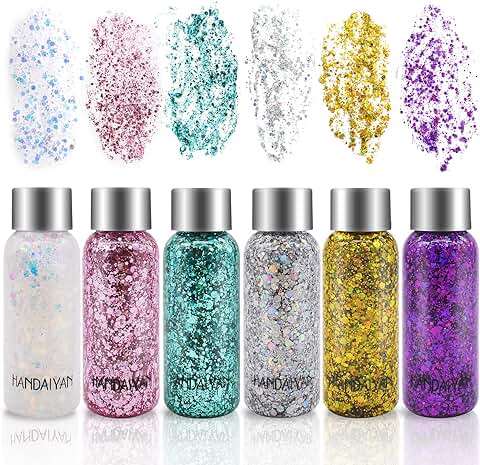 6 Botellas Purpurina Líquida para Maquillaje, Purpurina Cara Festival Gel, Body Glitter Gel, Purpurina Brillante para Cosméticos, Pelo, Labios, Uñas, Fiesta (Blanco/Oro/Plata/Rosa/verde/Púrpura)  