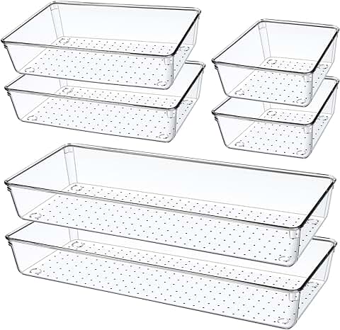 6 Piezas Organizador Cajones Cocina Baño Transparente, 38cm con 3 Tamaños Organizadores de Cajones Plastico Grande, Cajas Organizadoras Baño para Cubiertos, Maquillaje, Tocador, Escritorio Cajones  