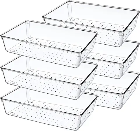 6 Piezas Organizador Cajones de Cocina o Baño Transparente, Bandejas Grandes de Plastico para Escritorio, Cubiertos, Maquillaje, Tocador, Armario, Joyas  