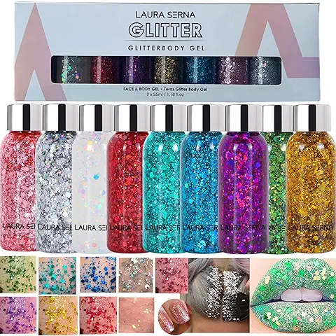 9 Piezas Gel de Brillo Corporal, Lentejuelas de Sirena Chunky Glitter Cara Cabello Uñas Labios Gel de Brillo Loción Brillante Duradera Brillo Líquido Sombra de Ojos  