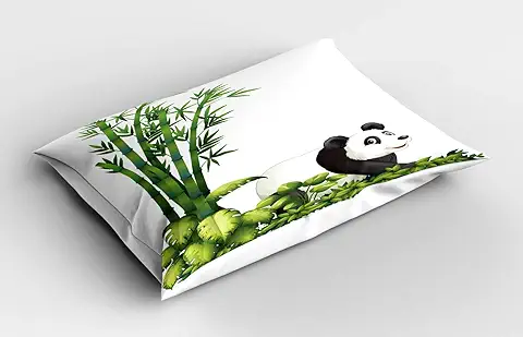 ABAKUHAUS Dibujos Animados Funda de Almohada, Oso de Panda de Bambú, Decorativa de Suave Microfibra Estampada Lavable, 80 cm x 40 cm, Verde Negro Blanco  