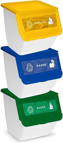 AC – Pack x3 - Organizador de Plástico para Reciclaje (Plástico – Vidrio – Papel). Contenedores Apilables para el Hogar, Trabajo, etc. Cubos Almacenaje. Cubo Apilable con Capacidad de 36L  