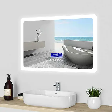 Acezanble 80 x 60 cm Espejo de Baño con Pantallita de Control (Bluetooth + Tiempo + Fecha + Temperatura + Antivaho) Incorporado. Espejo de Baño LED 3 Colores  