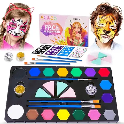 ACWOO Pinturas Cara Niños, 27pcs Kit Maquillaje Pintura Facial con 16 Colores, 2 Purpurinas Polvo, Gemas Faciales, 3 Plantillas, 4 Esponja Maquillaje y 3 Pinceles, Pintura Corporal de Halloween Fiesta  