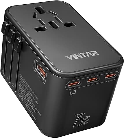 Adaptador de Viaje Universal, VINTAR Adaptador Internacional 75W GAN con 3 USB-C y 1 USB-A, Todo en uno Esencial de Viaje para Reino Unido/UE/USA, Adaptador de Corriente Global para PC y Móvil.  