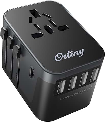 Adaptador Enchufe Universal, Ortiny Adaptador de Viaje con 4 USB y 1 USB C(5V/5.6A MAX) Internacional Adaptador Enchufe para Reino Unido,Americano,Europeo,Australia y Otros 224 Países,Travel Plugs  