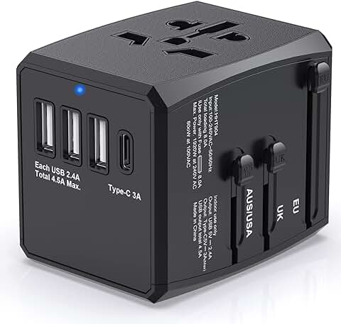 Adaptador Enchufe Universal Viaje,Adaptador de Viaje Internacional con 3USB y 1USB C,Adaptador Universal Enchufe Viaje para USA,Americano,UK,Ingles,Europeo,AUS,Irlanda,Corriente Español Travel Adapter  