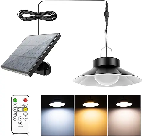 AGOTD Lámpara Solar Colgante, Luz Solar Exterior con Mando a Distancia, IP65 Impermeable, 3 Colores Cálida/Fría/Neutra, 6 Brillo, Luz Solar Colgante para Jardín, Balcón, Terraza, Pérgola, Caseta  