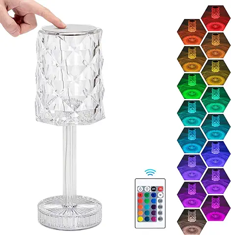 Aigostar LED Lámpara de Mesa de Cristal, 16 Colores y 4 Modos Lámpara de Noche de Rosa Diamante con Control Táctil y Control Remoto, USB-C Recargable Regulable Romántica Luz Nocturna para Dormitorio  