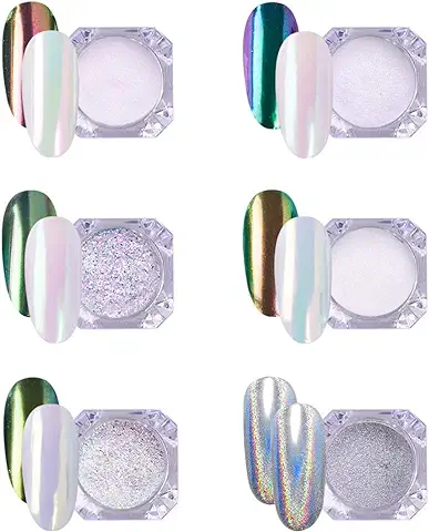 AIMEILI 6 Colores Polvos Acrílicos Para Uñas Efecto Perlado, Esmalte de Uñas Cromo Pigmento Brillo para Manicura, Decoración Arco Iris Cromado Camaleón, Concha de Uñas  