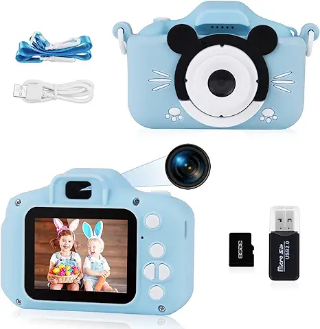 Ainiv Cámara Fotos Infantil, Selfie Cámara Digital para Niños, 1080P 2.0" HD Video Cámara con Tarjeta SD 32GB, Lector de Tarjetas, Pantalla de Protección Ocular IPS, para Niños 3-12 Años  