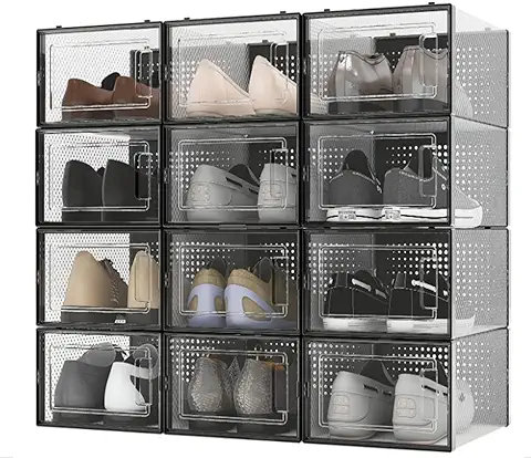 ALEMOK Cajas para Zapatos Transparentes, Organizador de Zapatos, Paquete de 12 Cajas de Almacenamiento de Plástico, Plegables y Apilables. Hasta la Talla 44  