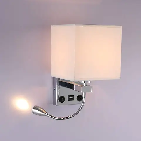 ALLOMN Luz de la Mesilla de Noche, Lámpara de Pared de Lectura LED Lámpara de Pared Moderna con Foco de Cuello de Cisne Ajustable, Interruptores Dobles, Con Puerto USB para Cargar E27 (Con USB, 1 PCS)  