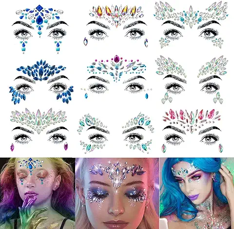 Amaza Face Gems Stickers, Tatuajes Temporales Pegatinas, Efecto Glitter, Fiestas, Espectáculos y Maquillaje (9 Piezas)  