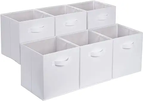 Amazon Basics - Cubos de Almacenamiento, de Tela, Plegables, con Asas, 33x33x33  cm, Color Blanco, Juego de 6  